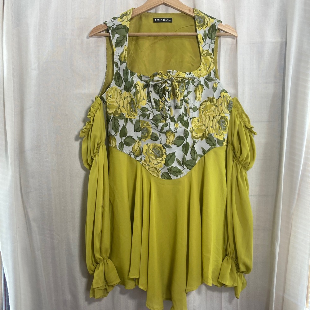 Fairycore SHEIN X Women Floral Cold Shoulder Blouse‎ Top M Lime Green Ruffles